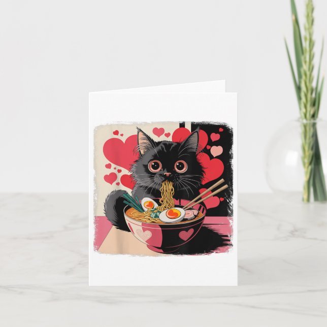 Carte Chat noir avec cœur mangeant des nouilles Ramen à  (Devant)