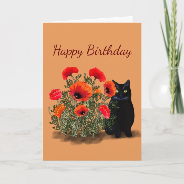 Carte Chat noir avec des pavots Anniversaire (Devant)