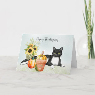 Carte Chat noir avec Fleurs et Citrouille Thanksgiving