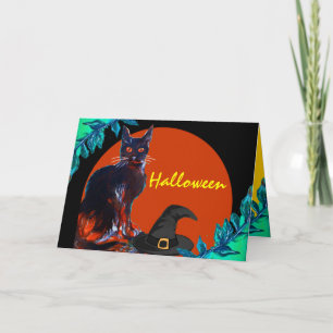 CARTE CHAT NOIR AVEC LE CASQUETTE WITCH HALLOWEEN PARTY