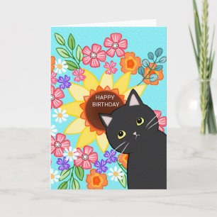Carte Chat noir avec tournesol coloré Fleur anniversaire