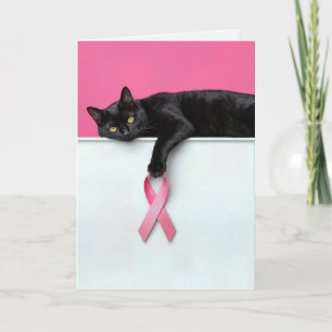 Carte Chat noir avec un ruban rose symbole du cancer du