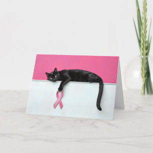 Carte Chat noir avec un ruban rose symbole du cancer du