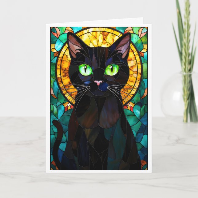 Carte Chat noir charmant de style vitrail yeux verts (Devant)
