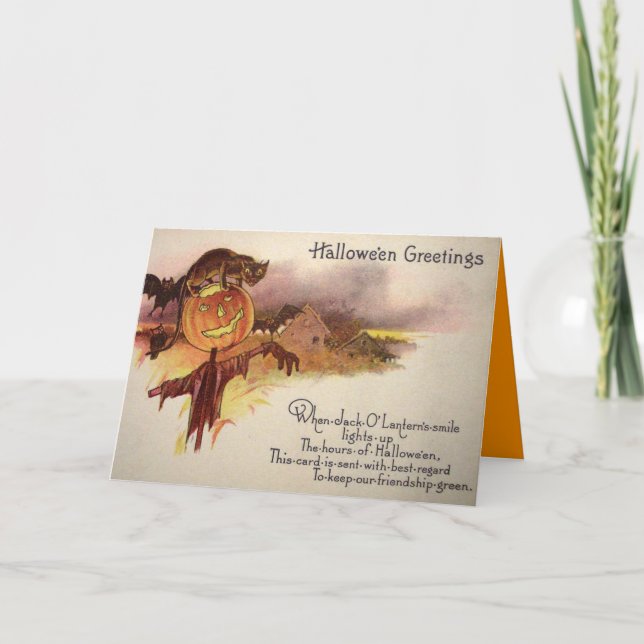 Carte Chat Noir Citrouille Jack O' Lantern Chauve-Souris (Devant)