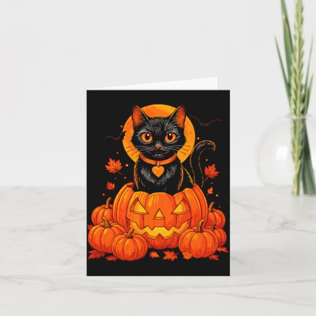 Carte Chat Noir Citrouille Lune Halloween Automne (Devant)