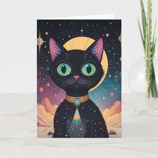 Carte Chat noir cosmique futuriste atomique au clair de  (Devant)