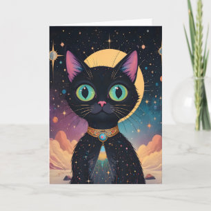 Carte Chat noir cosmique futuriste atomique au clair de