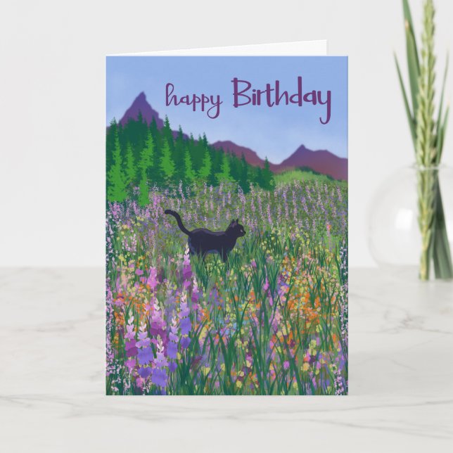 Carte Chat noir d'anniversaire et fleurs sauvages (Devant)
