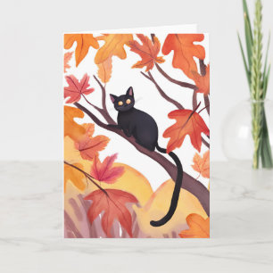 Carte Chat noir dans un arbre Automne Éffrayant mange