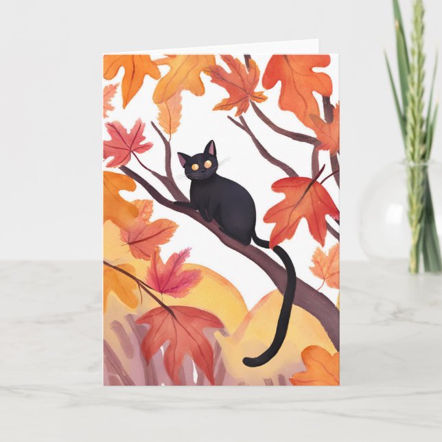 Carte Chat noir dans un arbre | Automne Tombe Drôle Épou (Devant)
