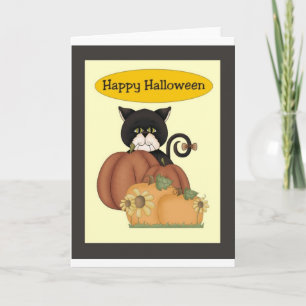 Carte Chat noir de Halloween avec des citrouilles