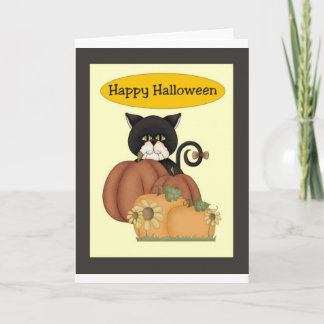 Carte Chat noir de Halloween avec des citrouilles