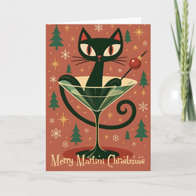 Carte Chat noir de Noël du milieu du siècle Merry Martin (Devant)
