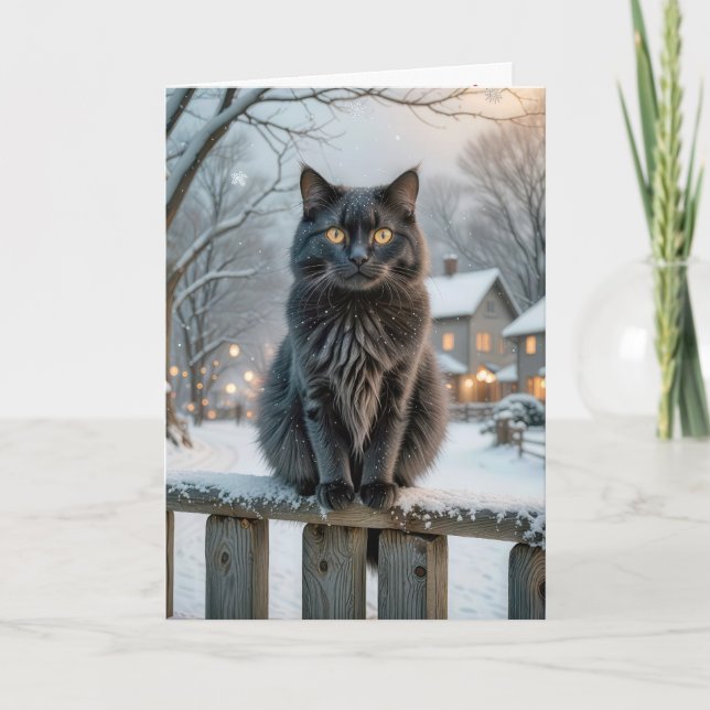 Carte Chat noir de Noël sur une clôture neigeuse (Devant)