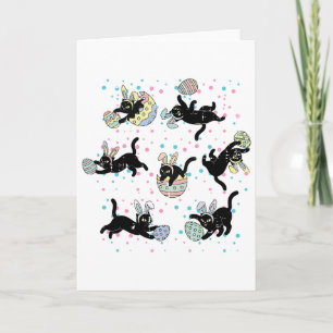Carte Chat noir de Pâques pose des oreilles de lapin Œuf