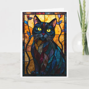 Carte Chat noir de style vitrail avec feuilles