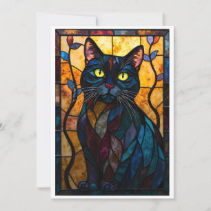 Carte Chat noir de style vitrail avec feuilles à plat