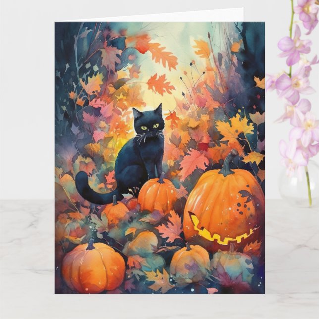 Carte Chat noir d'Halloween avec la peur Citrouille (Orchidée)