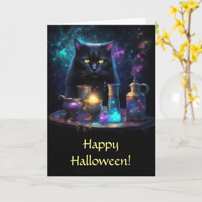Carte Chat noir d'Halloween avec potions magiques mystiq (Fleur jaune)