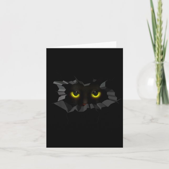 Carte Chat noir d'Halloween effrayant qui regarde dehors (Devant)
