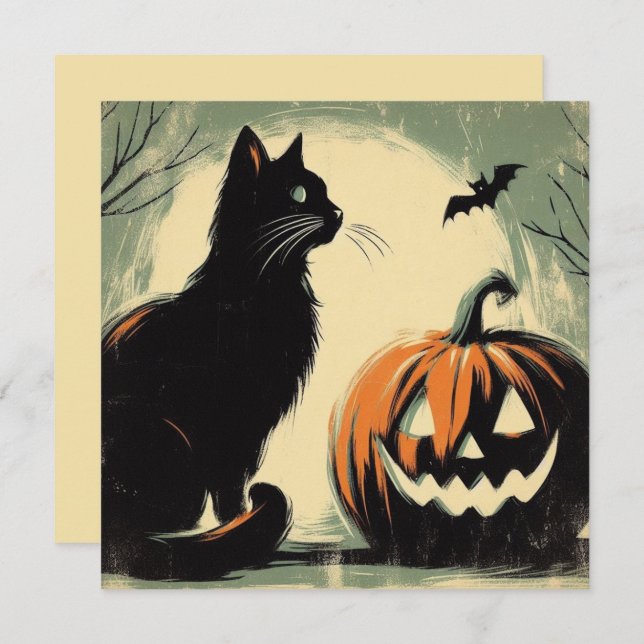 Carte Chat noir d'Halloween et Citrouille (Devant / Derrière)