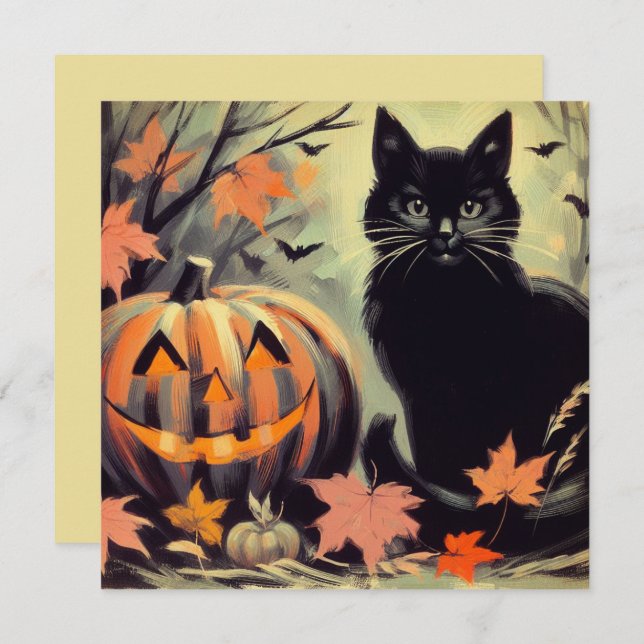 Carte Chat noir d'Halloween et Citrouille (Devant / Derrière)
