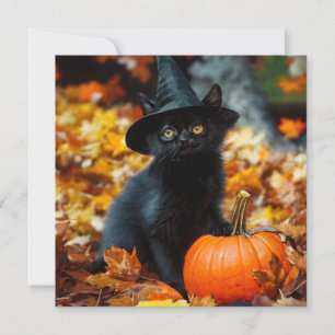 Carte Chat noir d'Halloween et Citrouille
