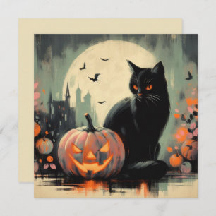 Carte Chat noir d'Halloween et Citrouille