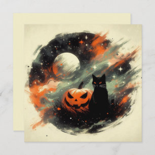 Carte Chat noir d'Halloween et Citrouille