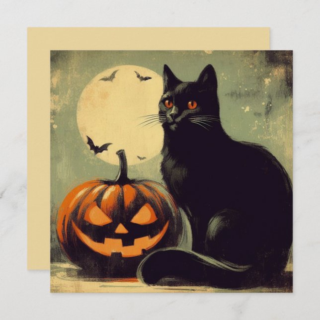 Carte Chat noir d'Halloween et Citrouille (Devant / Derrière)