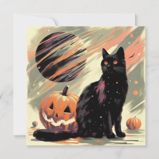 Carte Chat noir d'Halloween et Citrouille (Devant)