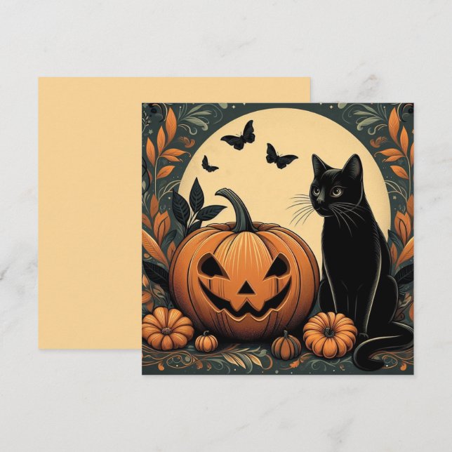 Carte Chat noir d'Halloween et Citrouille (Devant / Derrière)