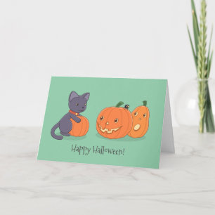 Carte Chat noir d'Halloween et Citrouilles en vert