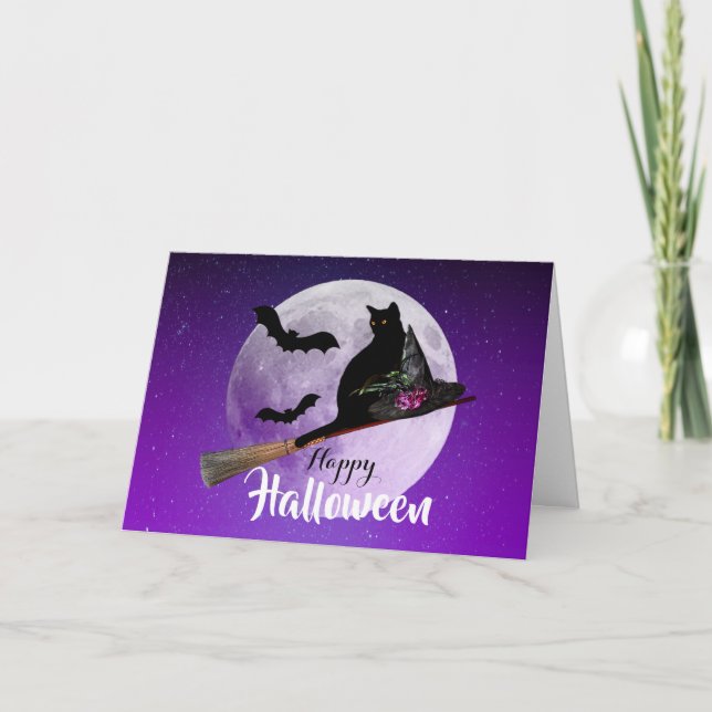 Carte Chat noir d'Halloween sur la Pleine lune de chambr (Devant)