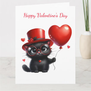 Carte Chat noir drôle avec ballons Saint-Valentin