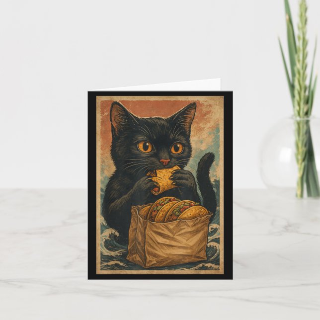 Carte Chat noir drôle mangeant des tacos rétro japonais (Devant)
