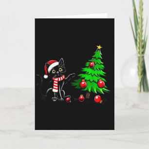 Carte Chat noir drôle poussant l'arbre de Noël sur le ch