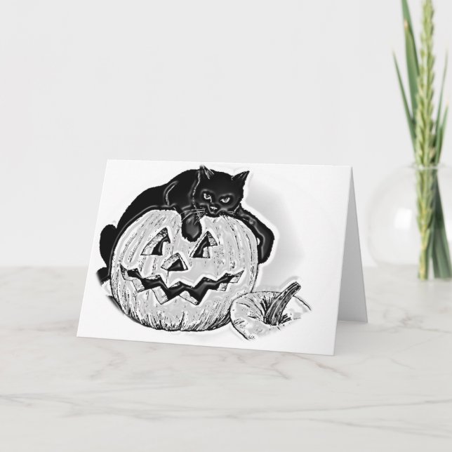 Carte Chat noir éffrayant et Halloween Citrouille (Devant)