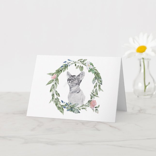 Carte Chat noir et blanc Aquarelle Floral vert rose  (Petite plante)