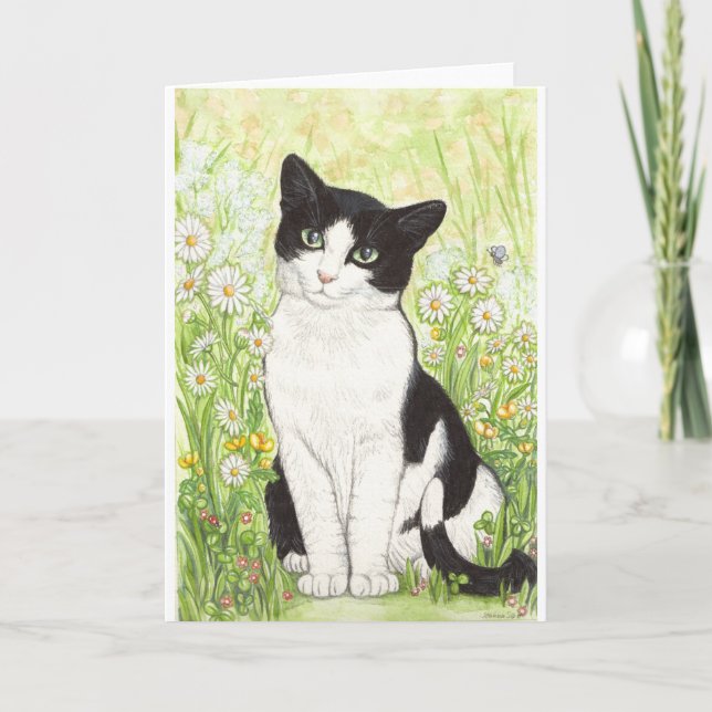 Carte Chat noir et blanc avec des marguerites (Devant)