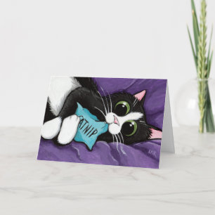 Carte Chat noir et blanc avec le coussin de cataire -