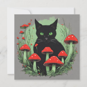 Carte Chat noir et champignons rouges sauvages de la for