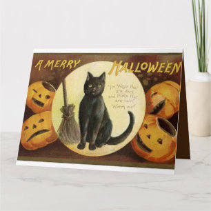 Carte Chat noir et Citrouille vintage Halloween Witch