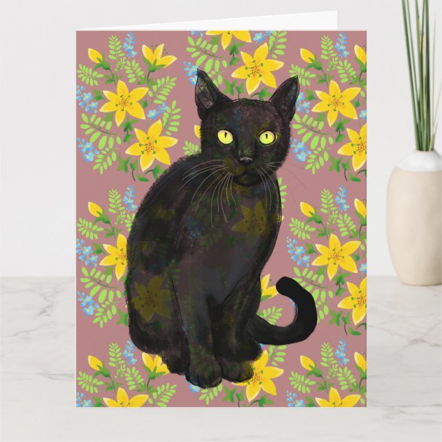 Carte chat noir floral (Devant)