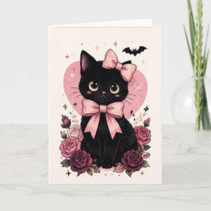 Carte Chat noir floral Rose Ruban rose
