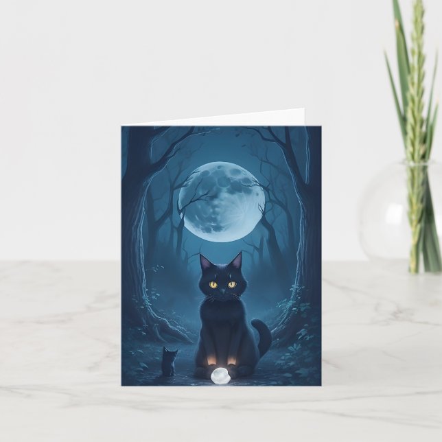 Carte Chat noir Forêt Sombre Cristal Blanc Brillante (Devant)