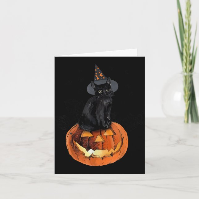 Carte Chat Noir Halloween Chat Noir Assis Sur Citrouille (Devant)