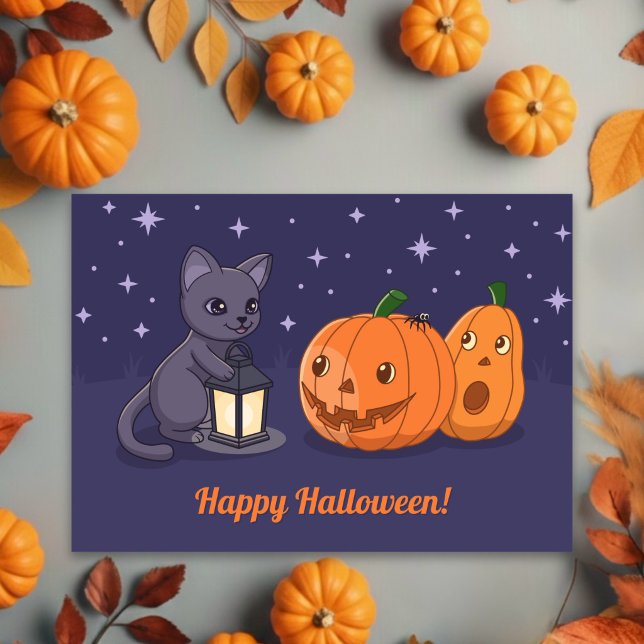 Carte Chat noir Halloween, citrouilles, lanterne sur vio (Créateur téléchargé)