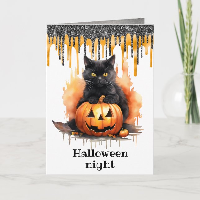 Carte Chat Noir Halloween de nuit (Devant)